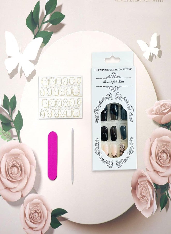 Vopintpy Leopard Print Press on Nails French Tip False Nails Black Solid Color Artificial Nails Short Square Full Cover Fake Nails Glossy Acrylic Stick on Nails for Women - Image 5